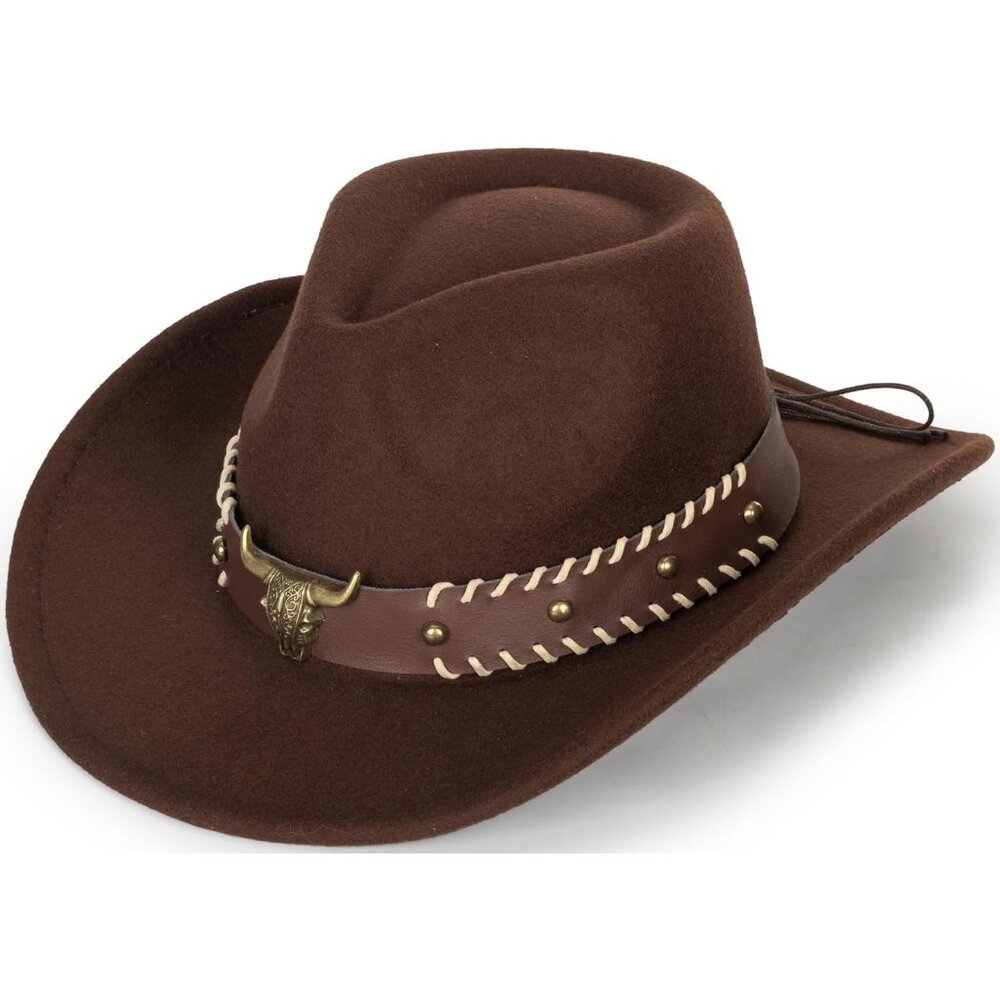 Unisex Brown Western With Bull Skull Buckle Band Fedora Felt Classic Cowboy Hat